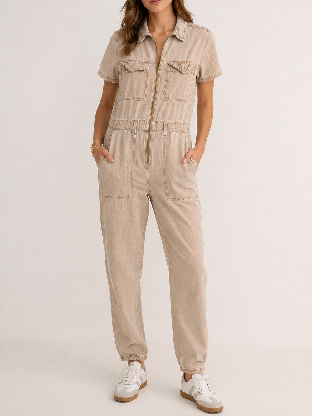 Sanctuary Beige Utility Jumpsuit Short Sleeve Zip Front Boiler Suit XS